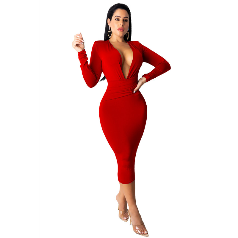 European &amp; American New Fashion Women's Dress Sexy Deep V-neck Buttock Wrap Skirt long sleeve Dress