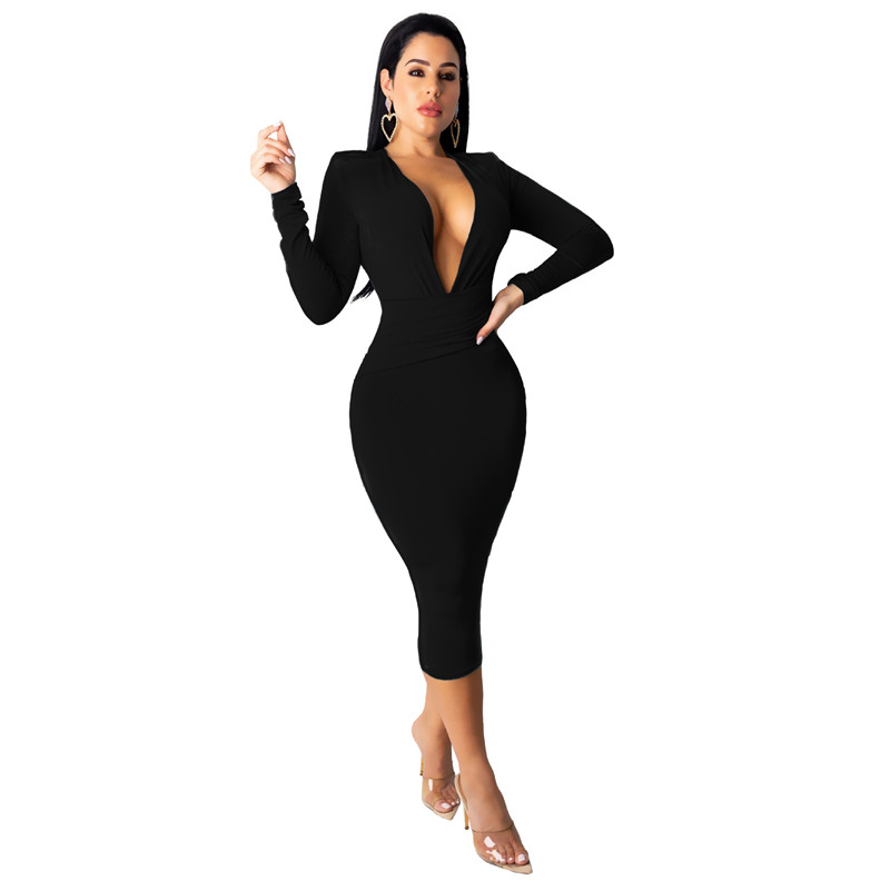 European &amp; American New Fashion Women's Dress Sexy Deep V-neck Buttock Wrap Skirt long sleeve Dress