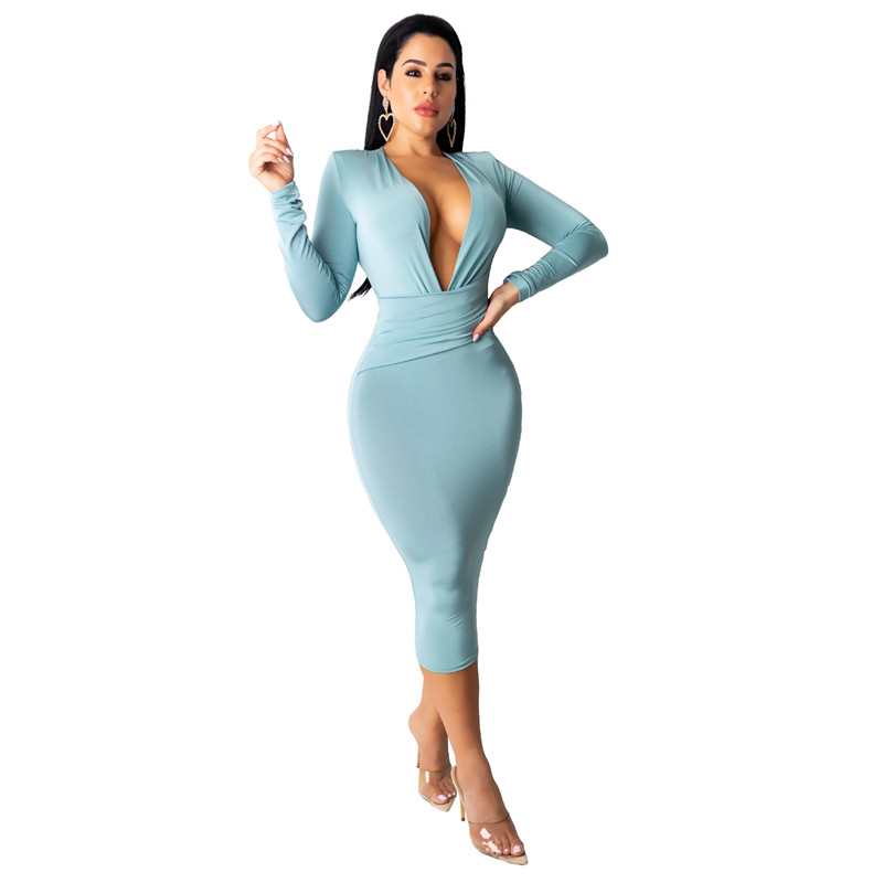European &amp; American New Fashion Women's Dress Sexy Deep V-neck Buttock Wrap Skirt long sleeve Dress