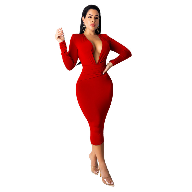 European &amp; American New Fashion Women's Dress Sexy Deep V-neck Buttock Wrap Skirt long sleeve Dress