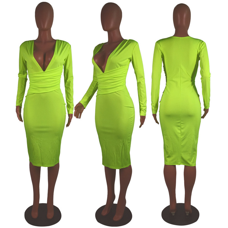 European &amp; American New Fashion Women's Dress Sexy Deep V-neck Buttock Wrap Skirt long sleeve Dress