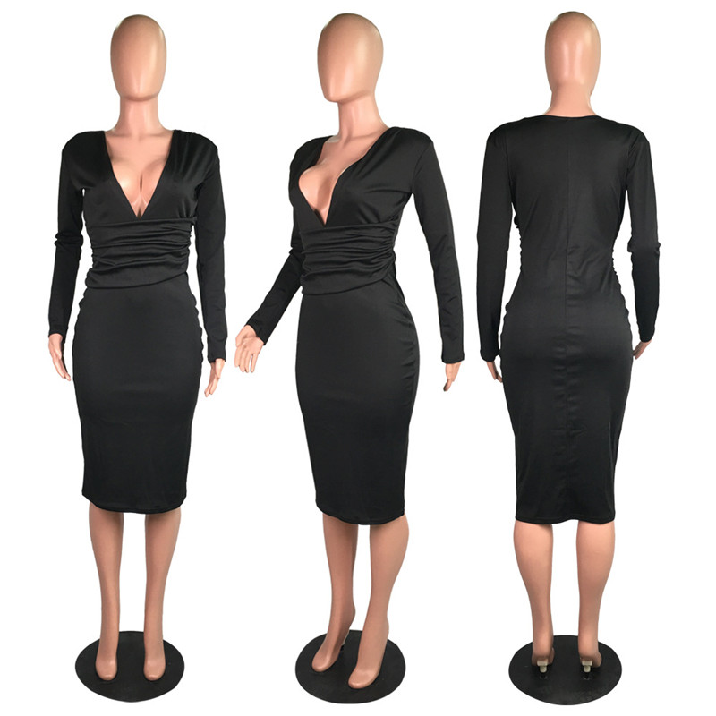 European &amp; American New Fashion Women's Dress Sexy Deep V-neck Buttock Wrap Skirt long sleeve Dress