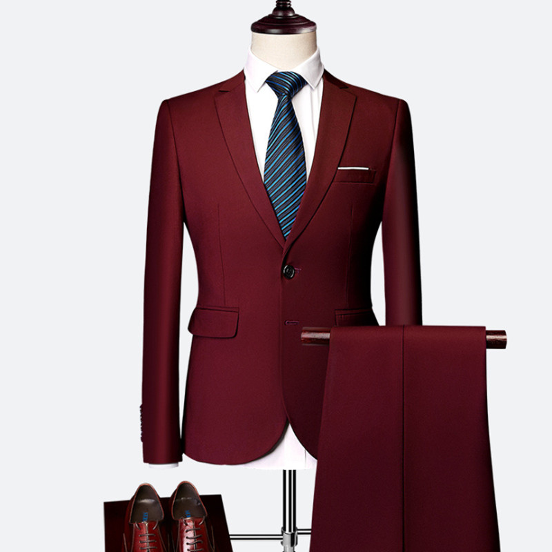 Jacket + Pant Men Business Slim Suits Sets Solid Color Wedding Office Dress Prom Suit Two-Piece