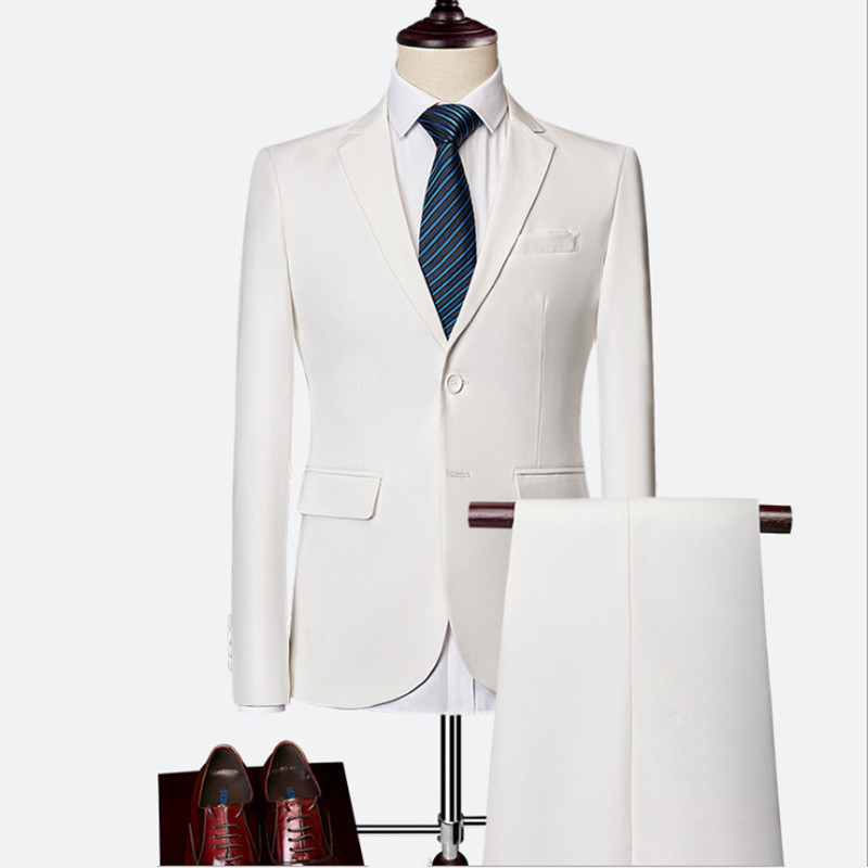Jacket + Pant Men Business Slim Suits Sets Solid Color Wedding Office Dress Prom Suit Two-Piece
