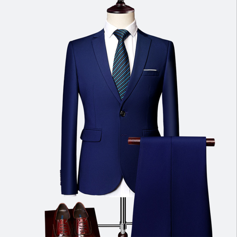 Jacket + Pant Men Business Slim Suits Sets Solid Color Wedding Office Dress Prom Suit Two-Piece