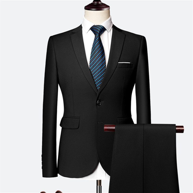 Jacket + Pant Men Business Slim Suits Sets Solid Color Wedding Office Dress Prom Suit Two-Piece