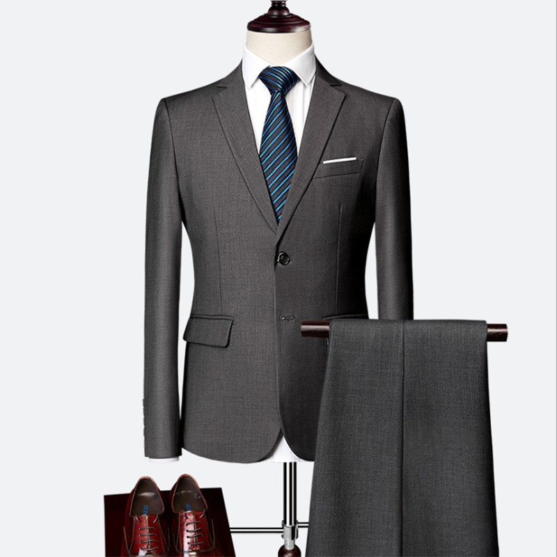 Jacket + Pant Men Business Slim Suits Sets Solid Color Wedding Office Dress Prom Suit Two-Piece