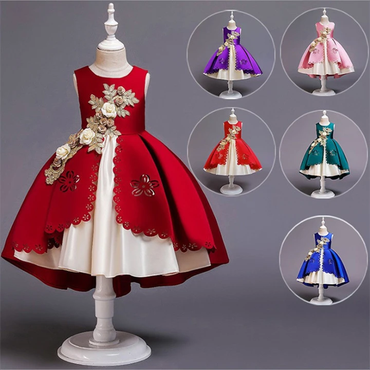 Popular Kids Gift Fashion Girl's Party Evening Wedding Embroidered Flowers Princess Children Dress Birthday Girls Gift Ceremoney Girls Dresses
