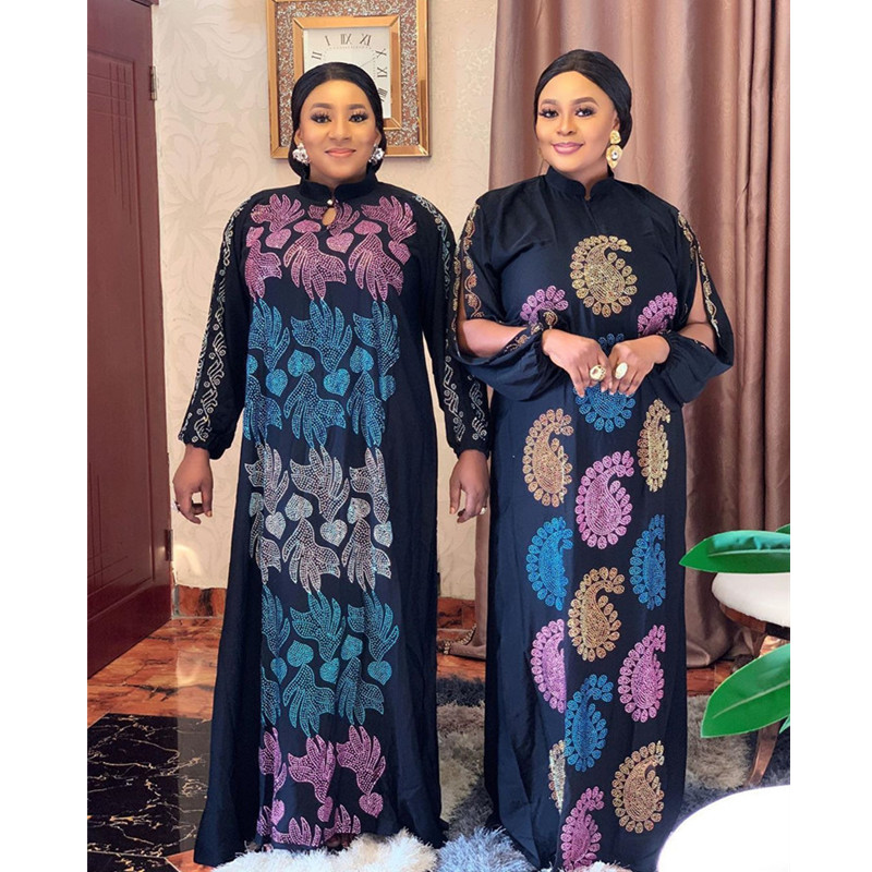 High-end Fashion Large size Mom Dress Elastic color Hot drilling chiffon long sleeve Women's Dress