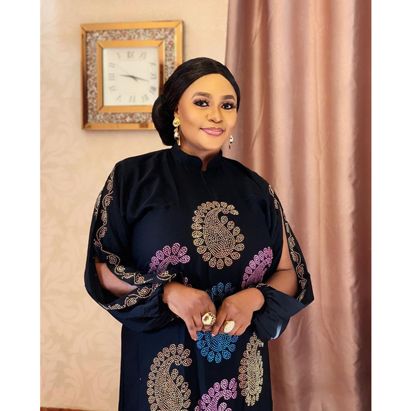 High-end Fashion Large size Mom Dress Elastic color Hot drilling chiffon long sleeve Women's Dress