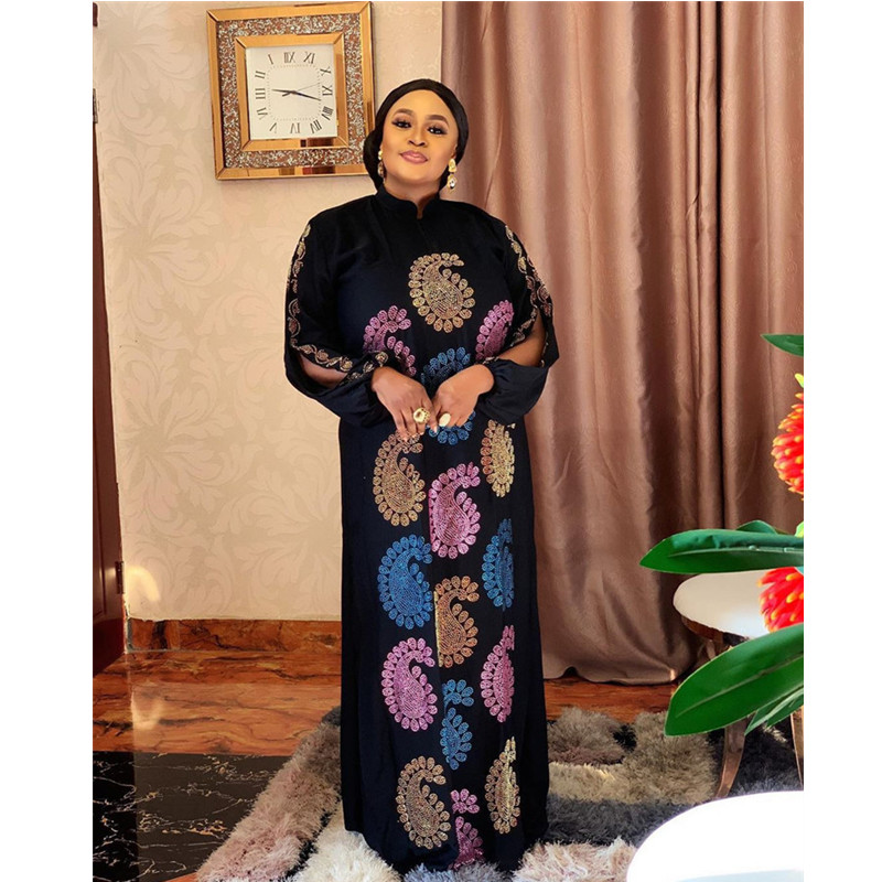 High-end Fashion Large size Mom Dress Elastic color Hot drilling chiffon long sleeve Women's Dress