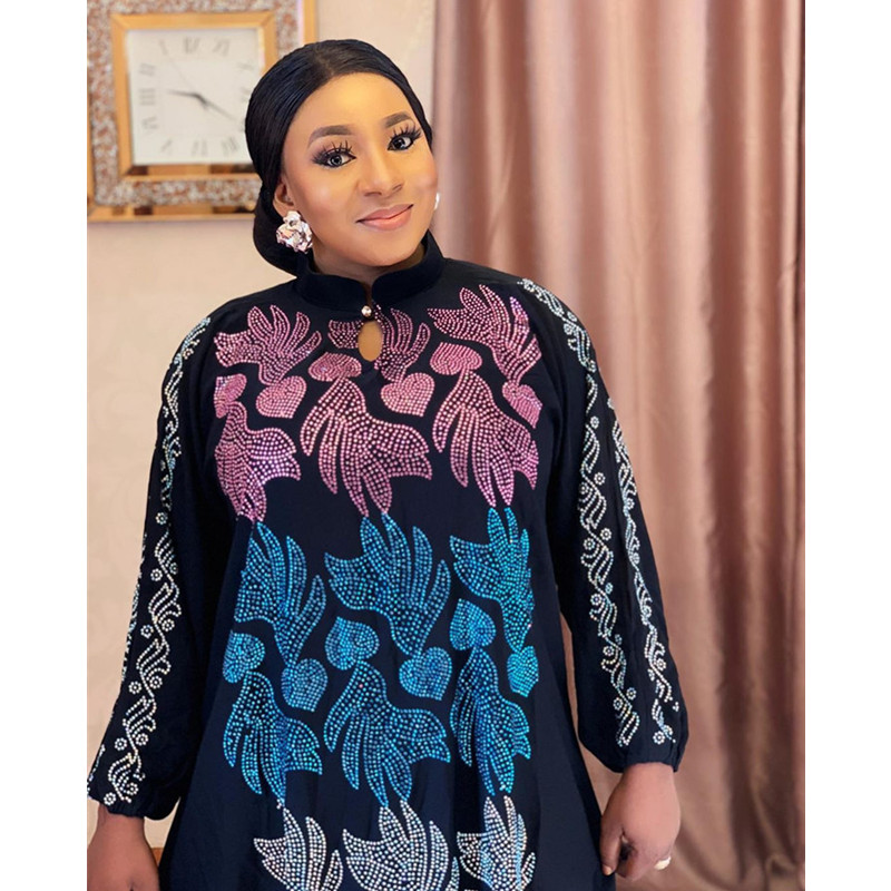 High-end Fashion Large size Mom Dress Elastic color Hot drilling chiffon long sleeve Women's Dress