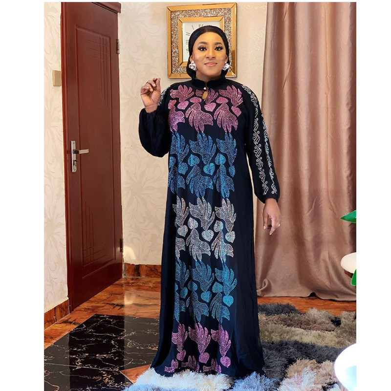 High-end Fashion Large size Mom Dress Elastic color Hot drilling chiffon long sleeve Women's Dress