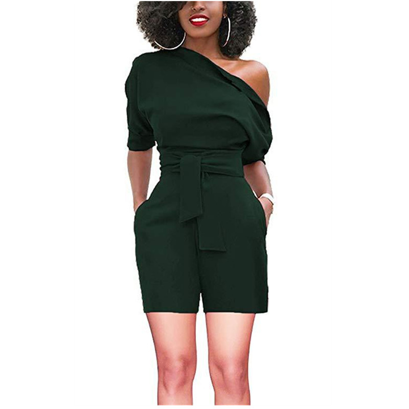 European American Summer New Women Suit Solid Color Slant Neck Short sleeve loose Lady Jumpsuit Office Lady Casual Formal Dress Girls Work Suit