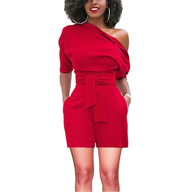European American Summer New Women Suit Solid Color Slant Neck Short sleeve loose Lady Jumpsuit Office Lady Casual Formal Dress Girls Work Suit