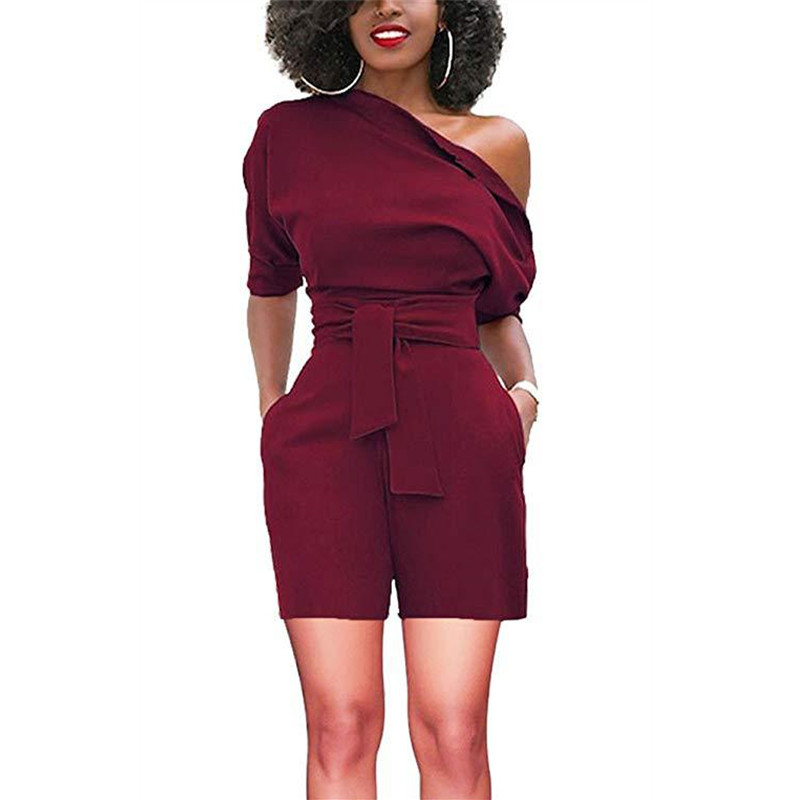European American Summer New Women Suit Solid Color Slant Neck Short sleeve loose Lady Jumpsuit Office Lady Casual Formal Dress Girls Work Suit