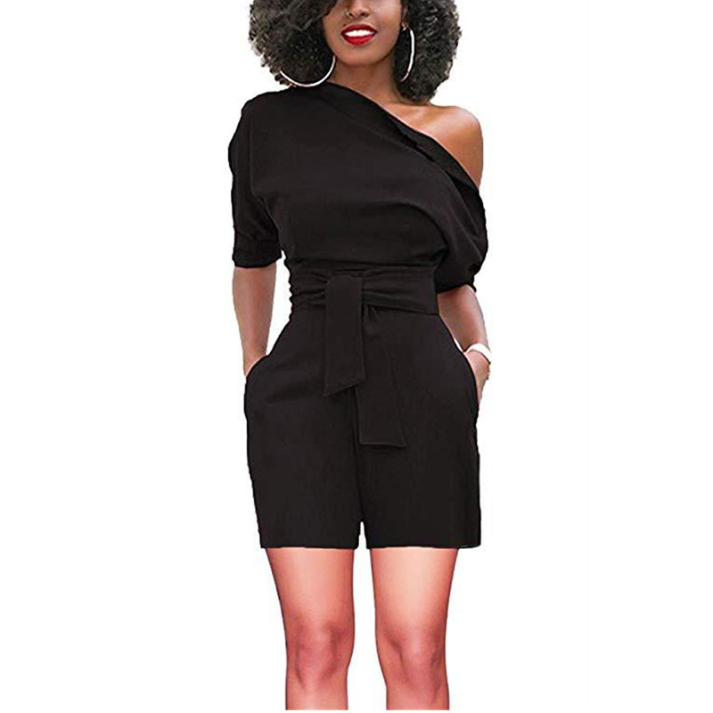 European American Summer New Women Suit Solid Color Slant Neck Short sleeve loose Lady Jumpsuit Office Lady Casual Formal Dress Girls Work Suit