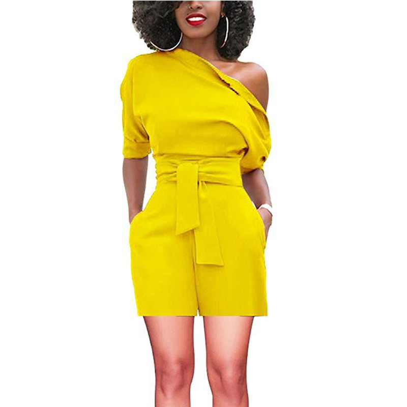 European American Summer New Women Suit Solid Color Slant Neck Short sleeve loose Lady Jumpsuit Office Lady Casual Formal Dress Girls Work Suit