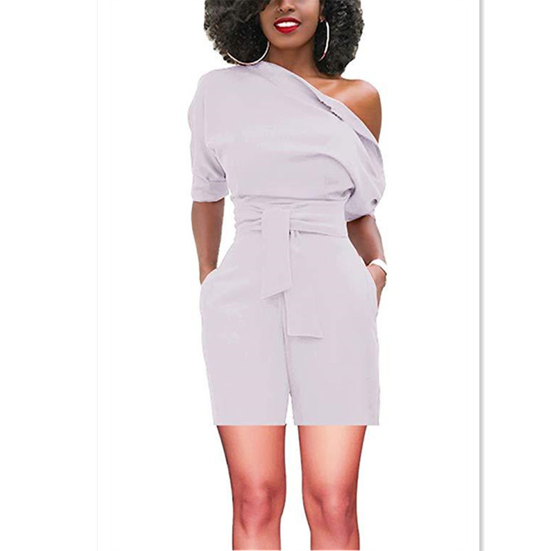 European American Summer New Women Suit Solid Color Slant Neck Short sleeve loose Lady Jumpsuit Office Lady Casual Formal Dress Girls Work Suit