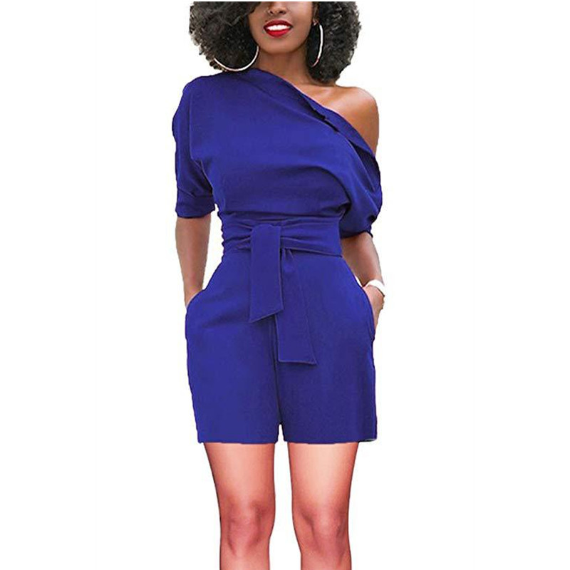 European American Summer New Women Suit Solid Color Slant Neck Short sleeve loose Lady Jumpsuit Office Lady Casual Formal Dress Girls Work Suit