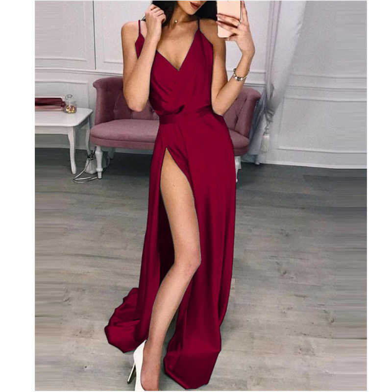 2021 New Fashion Women's Evening Dress Sling V-neck Sleeveless Sexy High Fork Lady Party Dress