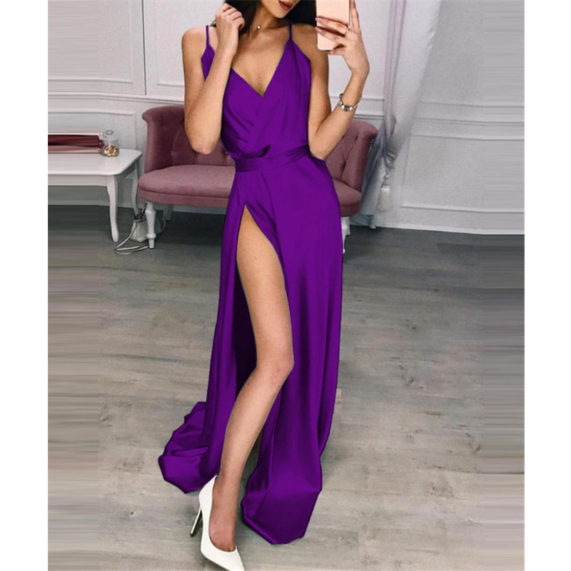 2021 New Fashion Women's Evening Dress Sling V-neck Sleeveless Sexy High Fork Lady Party Dress