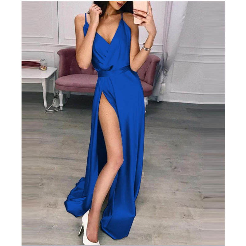 2021 New Fashion Women's Evening Dress Sling V-neck Sleeveless Sexy High Fork Lady Party Dress