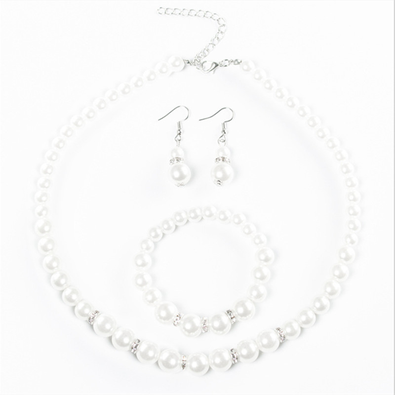 Hot Sell Diamond Ball White Pearl Necklace Bracelet Earrings Women Jewelry Sets Lady Parties Wear