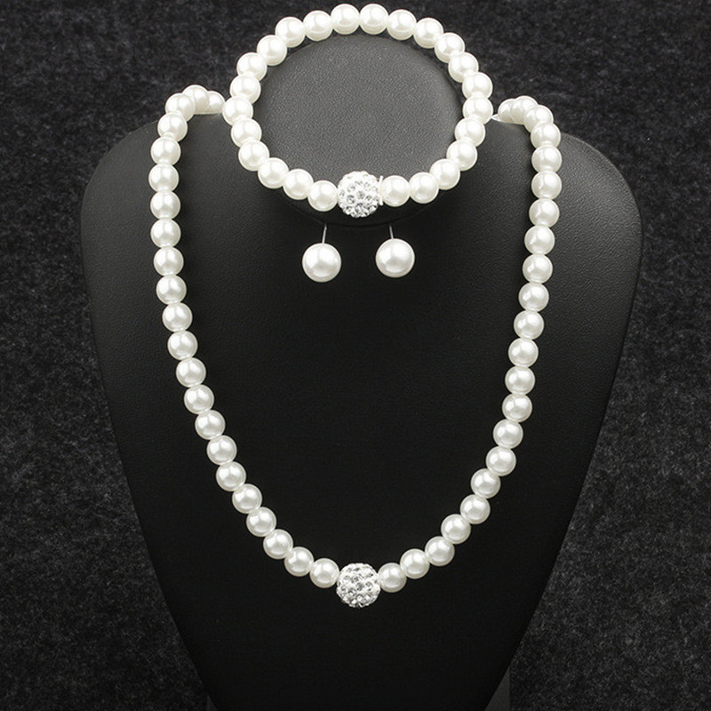 Hot Sell Diamond Ball White Pearl Necklace Bracelet Earrings Women Jewelry Sets Lady Parties Wear