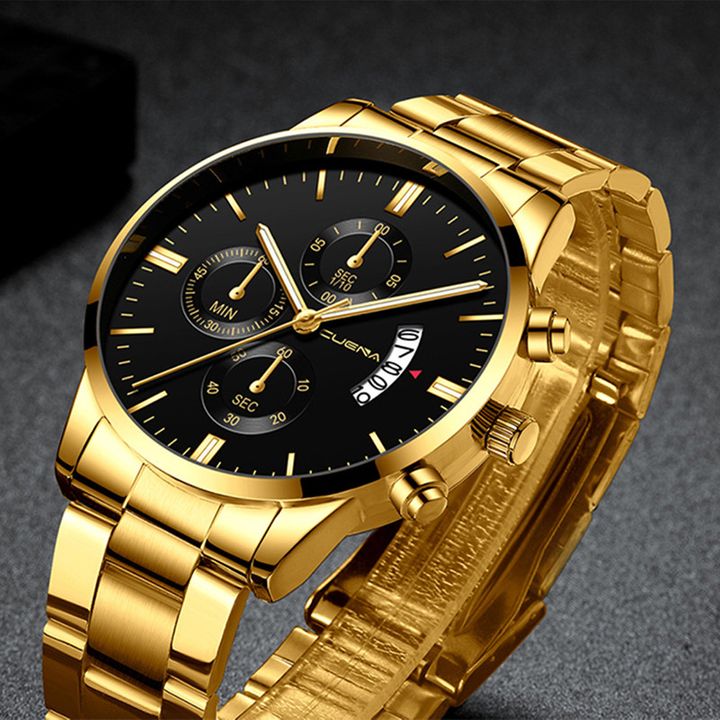 2022 Luxury Business Men Calendar Metal Watch Formal Stainless Steel Date Wrist Watch Lovers Gift Golden Male Formal Men Watches+ 1 Crystal Ring Free + Luxury Gift Box Lovers  Boyfriends Husband's Bir