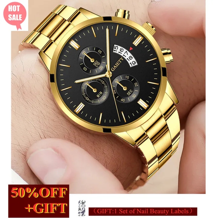 2022 Luxury Business Men Calendar Metal Watch Formal Stainless Steel Date Wrist Watch Lovers Gift Golden Male Formal Men Watches+ 1 Crystal Ring Free + Luxury Gift Box Lovers  Boyfriends Husband's Bir