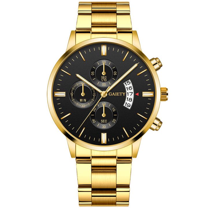 2022 Luxury Business Men Calendar Metal Watch Formal Stainless Steel Date Wrist Watch Lovers Gift Golden Male Formal Men Watches+ 1 Crystal Ring Free + Luxury Gift Box Lovers  Boyfriends Husband's Bir