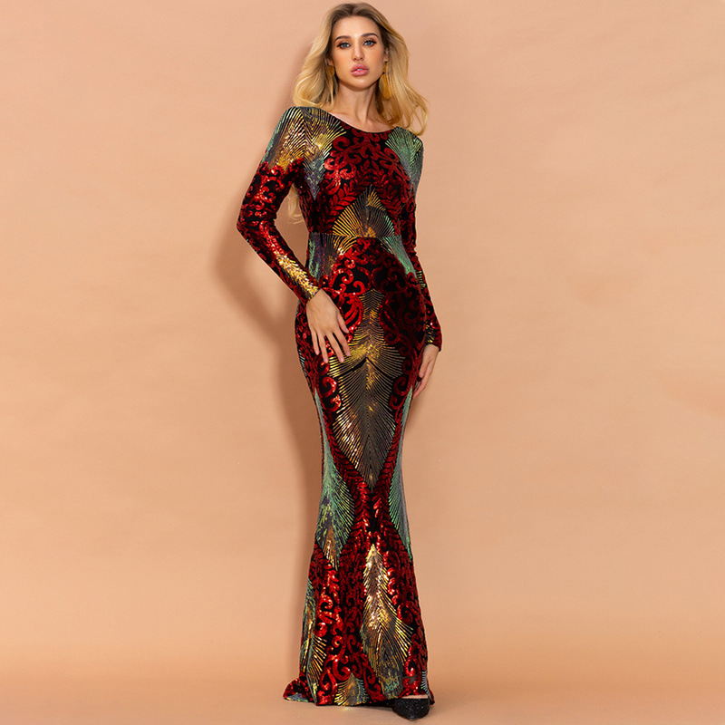 2021 Luxury Top Women Sexy Evening Dress Long Sleeve  Sequins Skirt Lady Red Carpet Ceremony Dress