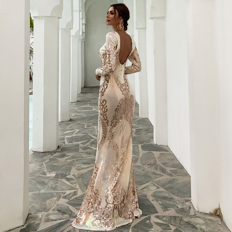 2021 Luxury Top Women Sexy Evening Dress Long Sleeve  Sequins Skirt Lady Red Carpet Ceremony Dress