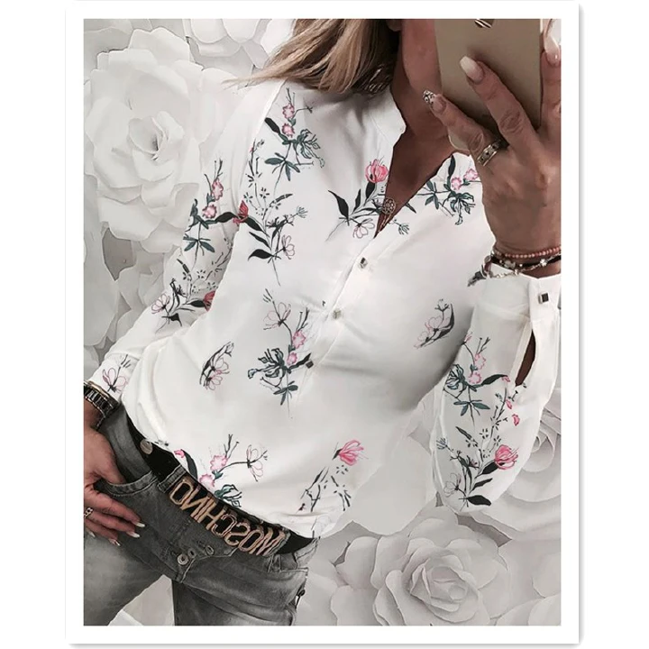 African Popular Office Lady Print Shirt V Long Sleeve Trend White Collar Girls Women Casual Tops