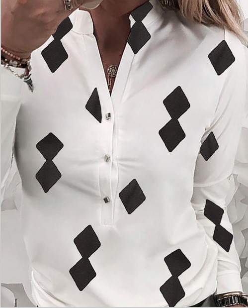 African Popular Office Lady Print Shirt V Long Sleeve Trend White Collar Girls Women Casual Tops