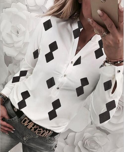 African Popular Office Lady Print Shirt V Long Sleeve Trend White Collar Girls Women Casual Tops