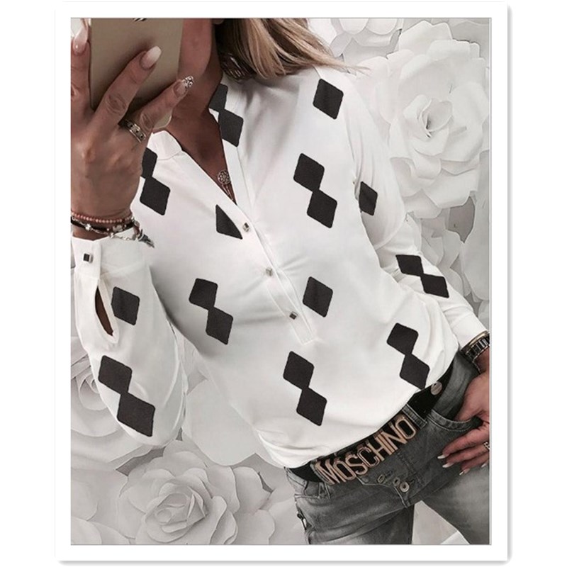 African Popular Office Lady Print Shirt V Long Sleeve Trend White Collar Girls Women Casual Tops