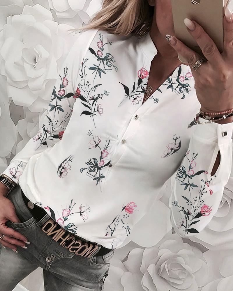 African Popular Office Lady Print Shirt V Long Sleeve Trend White Collar Girls Women Casual Tops