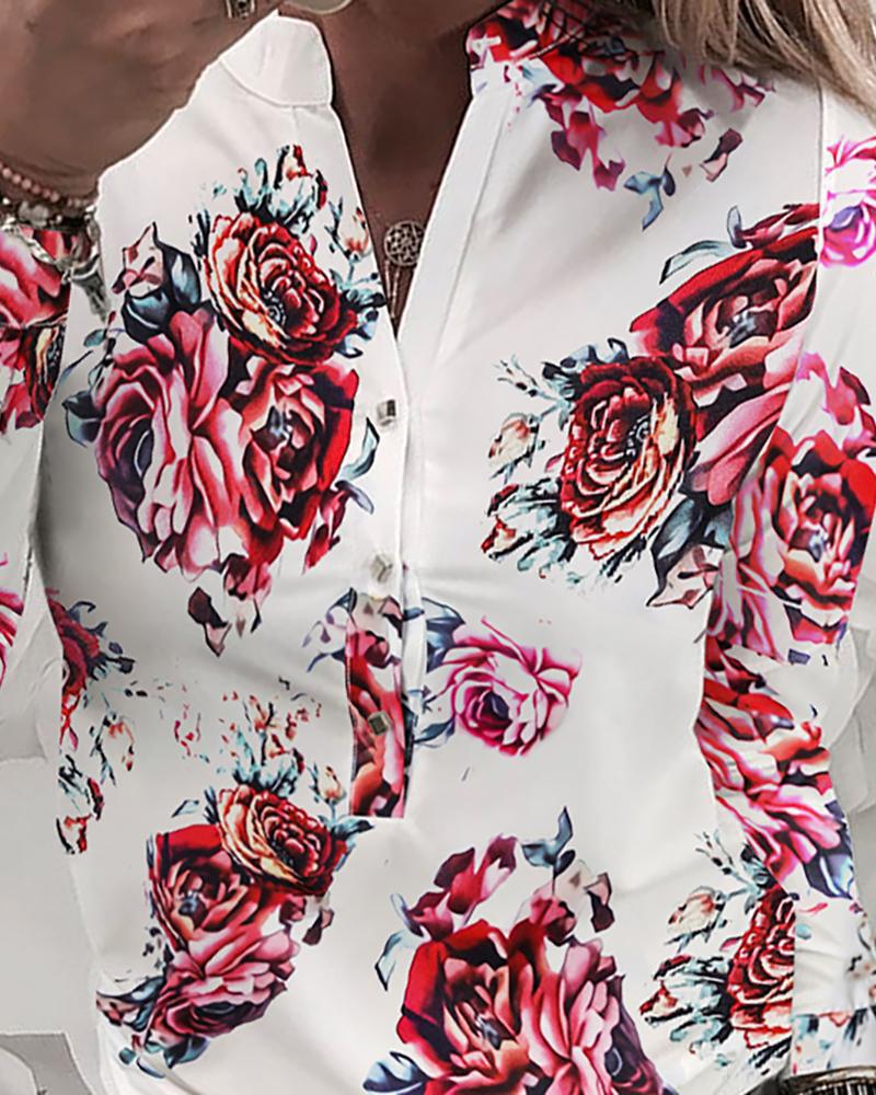 African Popular Office Lady Print Shirt V Long Sleeve Trend White Collar Girls Women Casual Tops