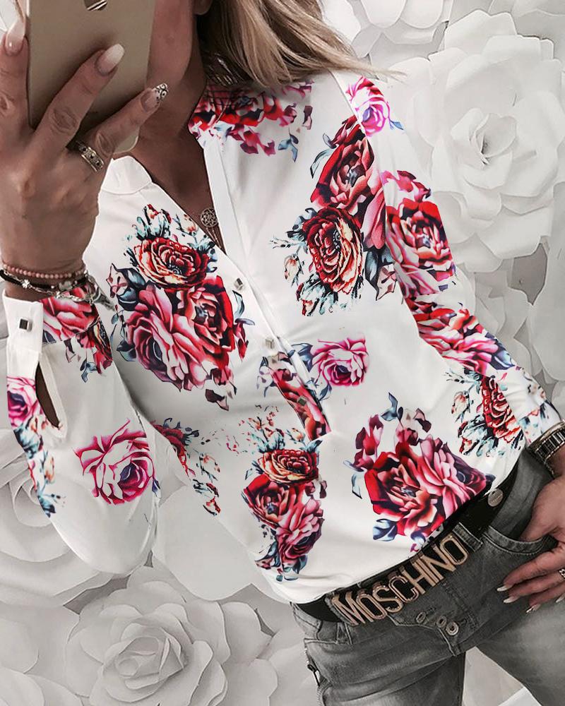 African Popular Office Lady Print Shirt V Long Sleeve Trend White Collar Girls Women Casual Tops