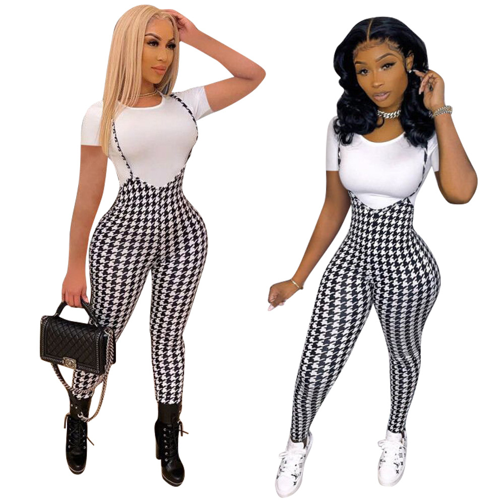 European American Women Wear Best-Selling Lattice Suspender Lady Jumpsuit + Short Sleeve T-Shirt