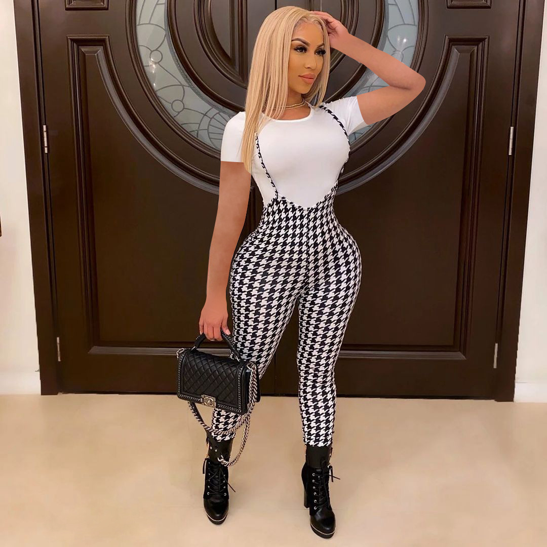 European American Women Wear Best-Selling Lattice Suspender Lady Jumpsuit + Short Sleeve T-Shirt