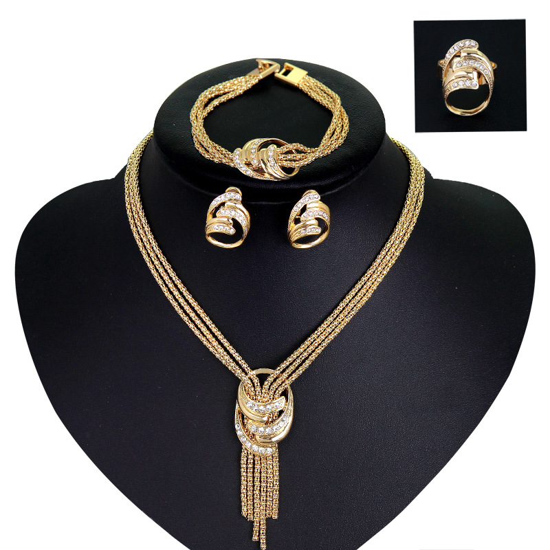 African Popular Golden Color Necklace Bracelet Earring Ring 4PC Wedding Bride Jewelry Lady Gift Set