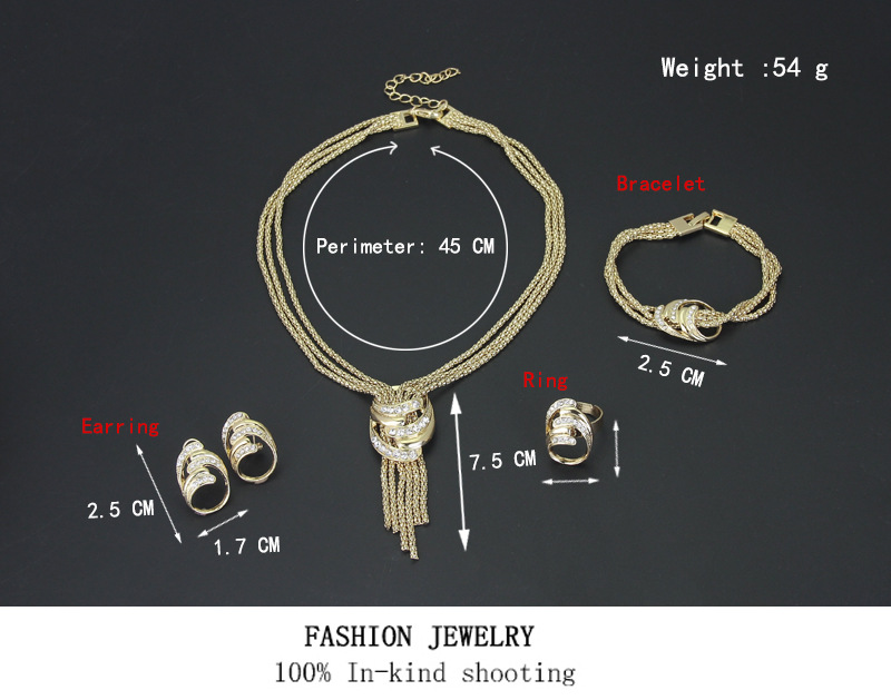 African Popular Golden Color Necklace Bracelet Earring Ring 4PC Wedding Bride Jewelry Lady Gift Set