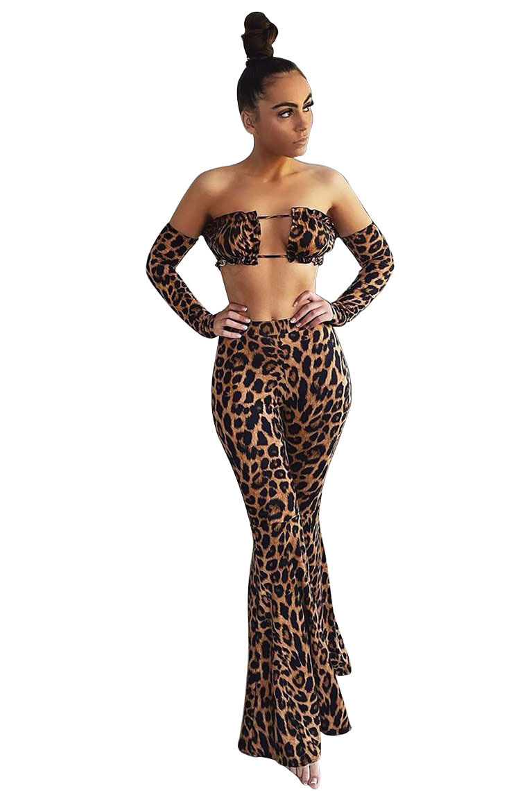Hot Sale African Popular Leopard Print Sexy Vest Long Sleeve Trousers Women's Wear Girl Party Dress