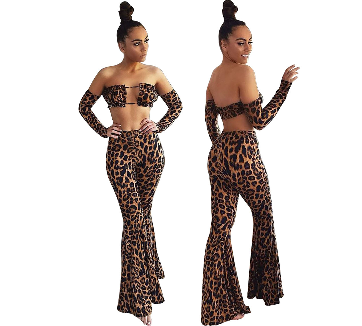 Hot Sale African Popular Leopard Print Sexy Vest Long Sleeve Trousers Women's Wear Girl Party Dress