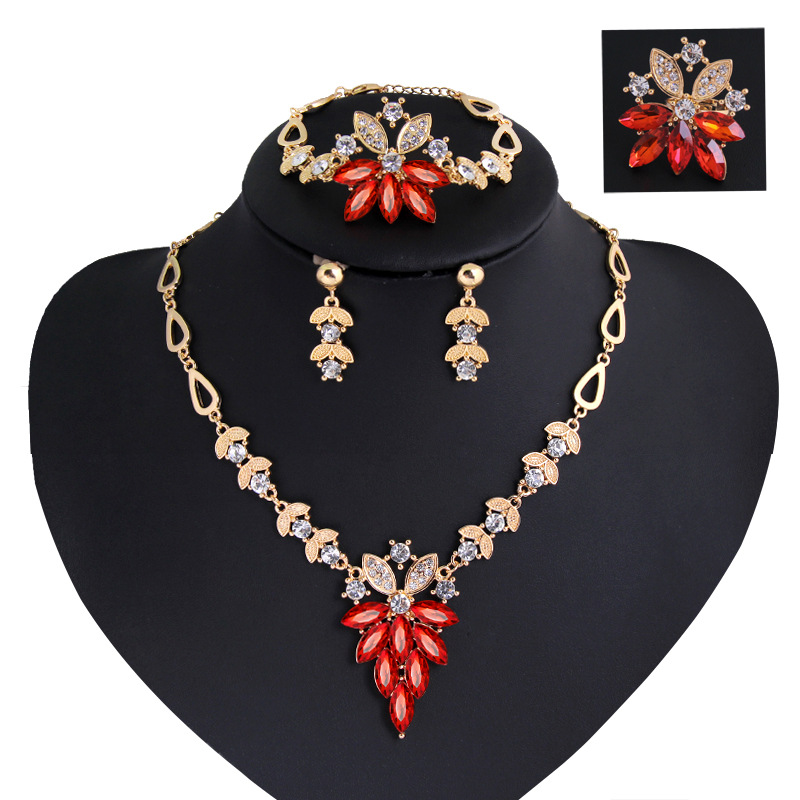 Fashion New African Gold Alloy Retro Emerald Clavicle Necklace Earrings Bracelet Jewelry Wedding Set