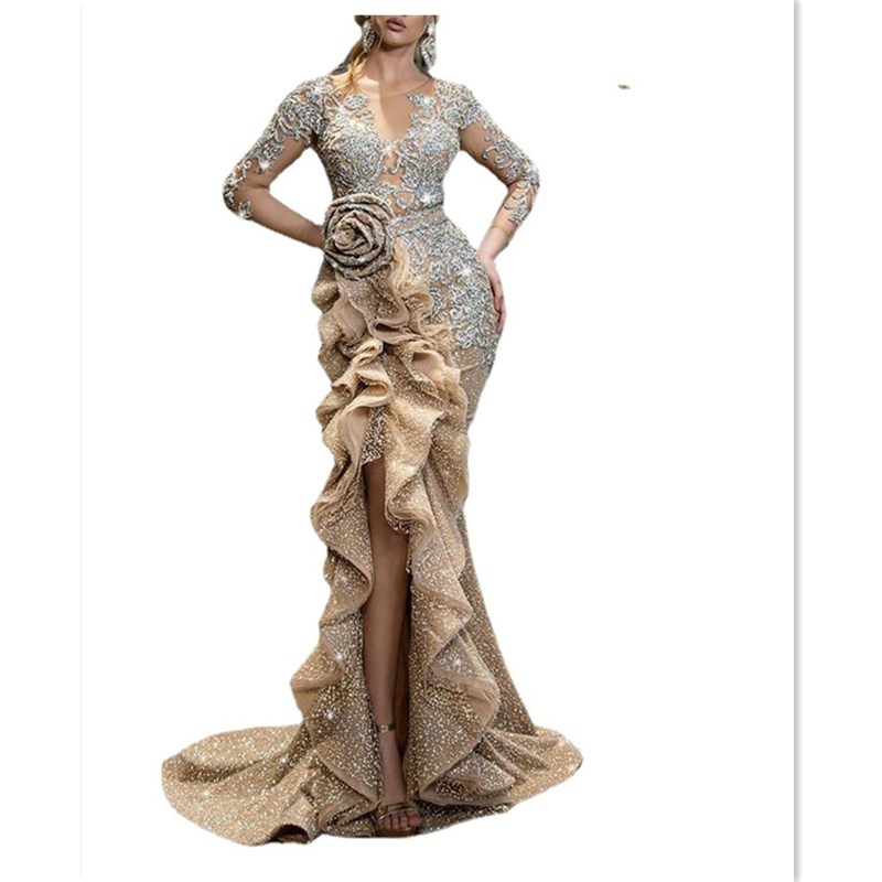 2021 Top Women Golden Sequins Evening Dress Banquet Fashion Lady Taildress Girls Concert Long Skirt