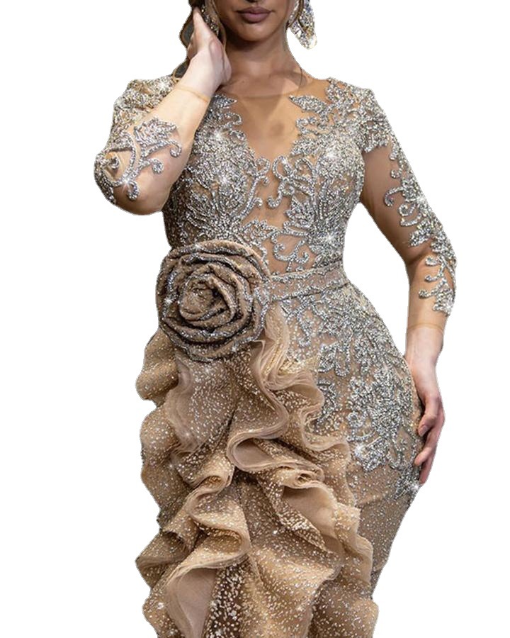 2021 Top Women Golden Sequins Evening Dress Banquet Fashion Lady Taildress Girls Concert Long Skirt